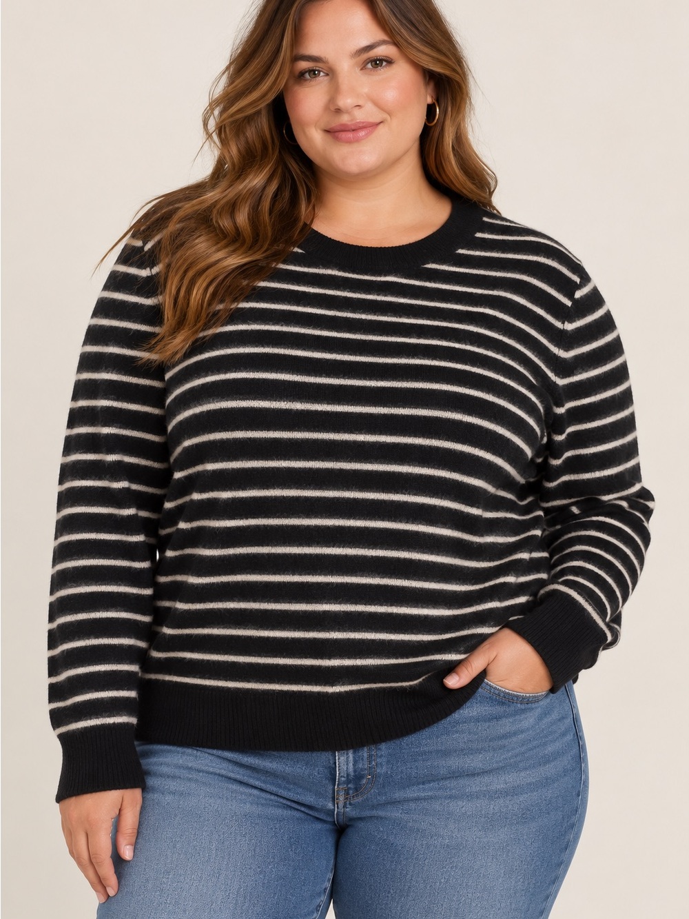 Nordstrom Black and Cream Striped Crewneck Sweater